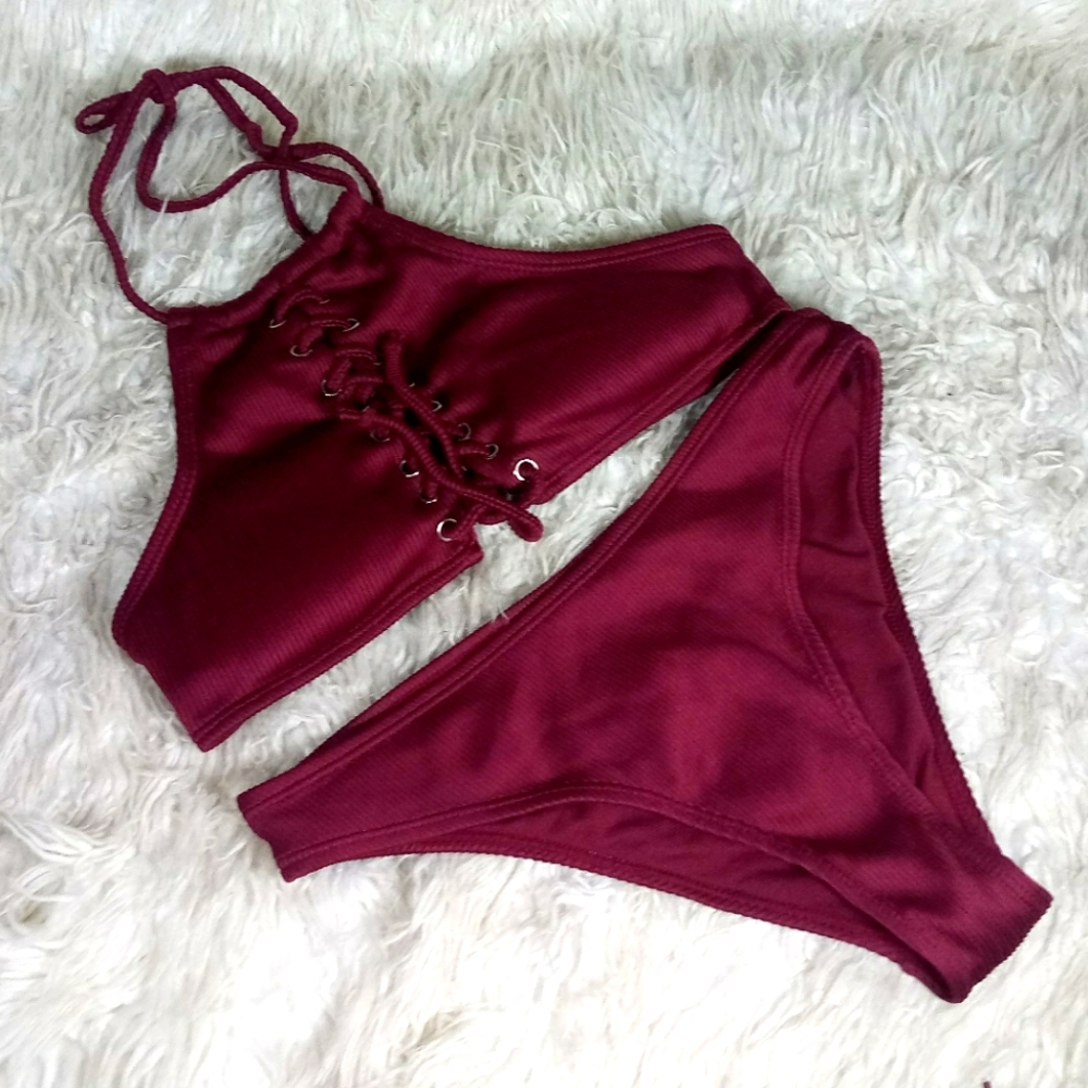 Hot Kiss Ribbed Lace Up Two-Piece Bikini Size S